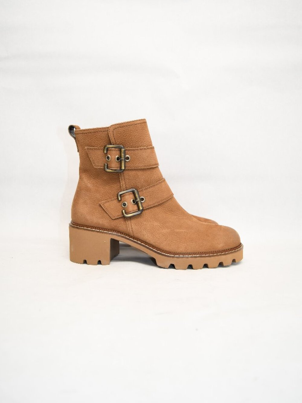 $600 PAUL GREEN Balboa Moto Boot LEATHER BUCKLES CHUNKY LUG BROWN 8.5 (TF28)